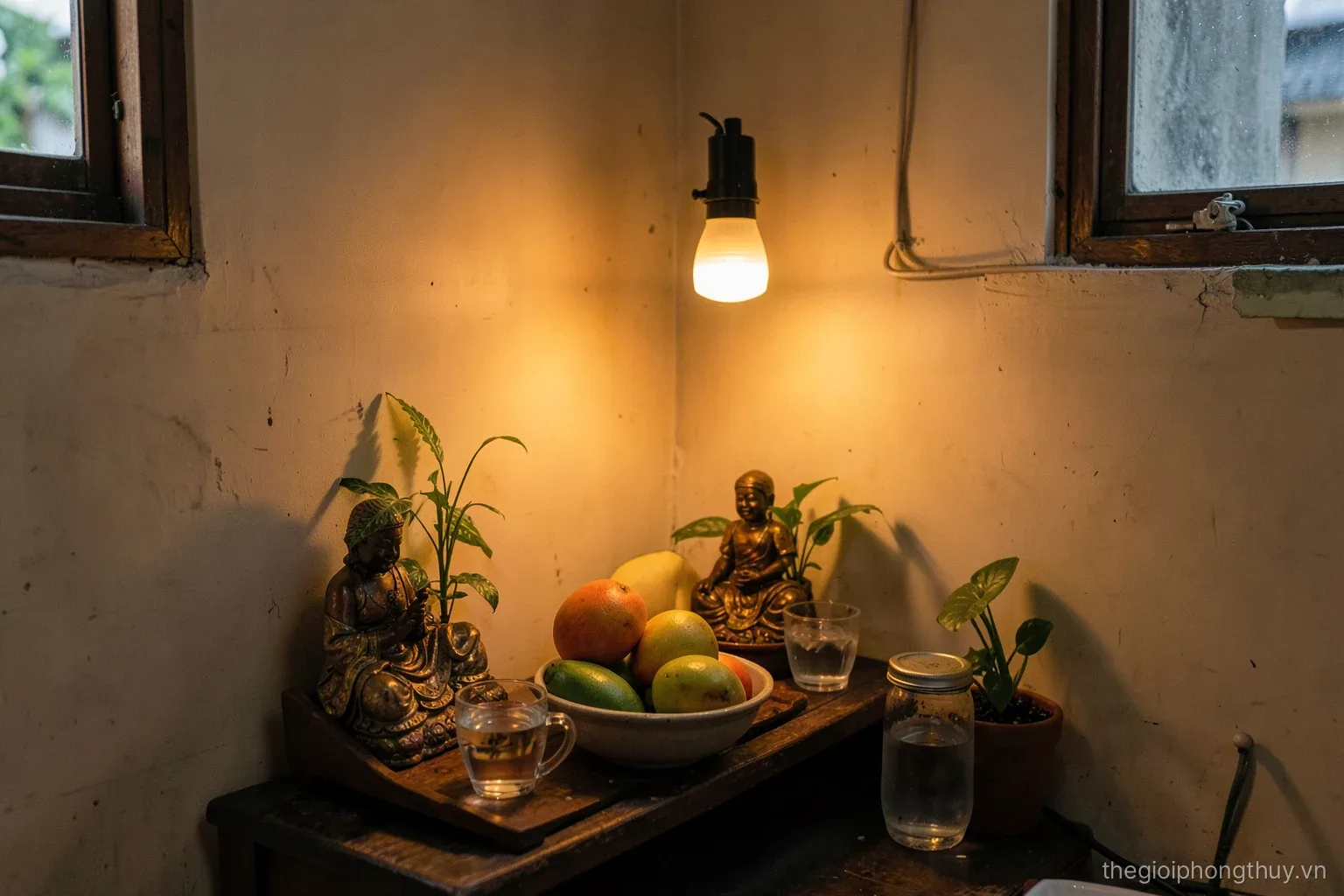 Close side view of a small floor-level shrine in a Vietnamese shop corner, two small figurines, a bowl of fruit, cups of water, a lit electric lamp, warm evening light