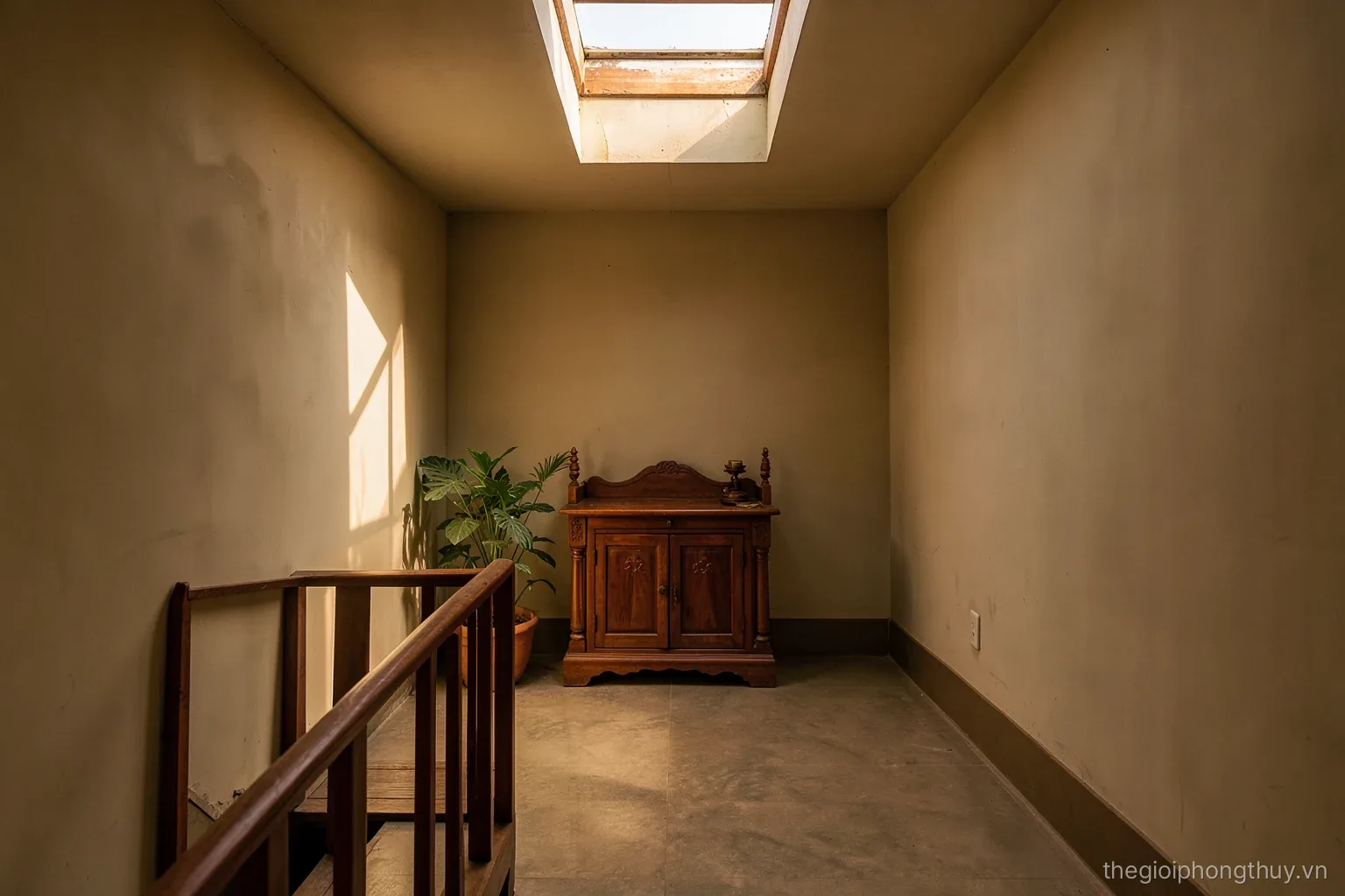 Eye-level view of a mezzanine floor in a Vietnamese tube house, a small wooden altar against the back wall, a staircase rail in the foreground, warm afternoon light from a skylight